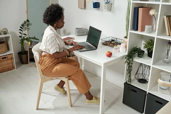 Junge Geschäftsfrau vernetzt sich am heimischen Schreibtisch — Stockfoto