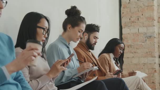 Side View Shot Diverse Group Job Applicants Formal Wear Sitting — Stock Video