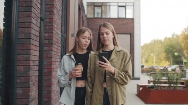 跟踪调查一对欢快的孪生姐妹在街上散步 一边看手机一边聊天的镜头 — 图库视频影像