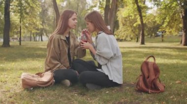Güneşli bir günde parkta yeşil çimlerin üzerinde bağdaş kurup içki içen mutlu ikiz kız kardeşlerin orta boy fotoğrafı.