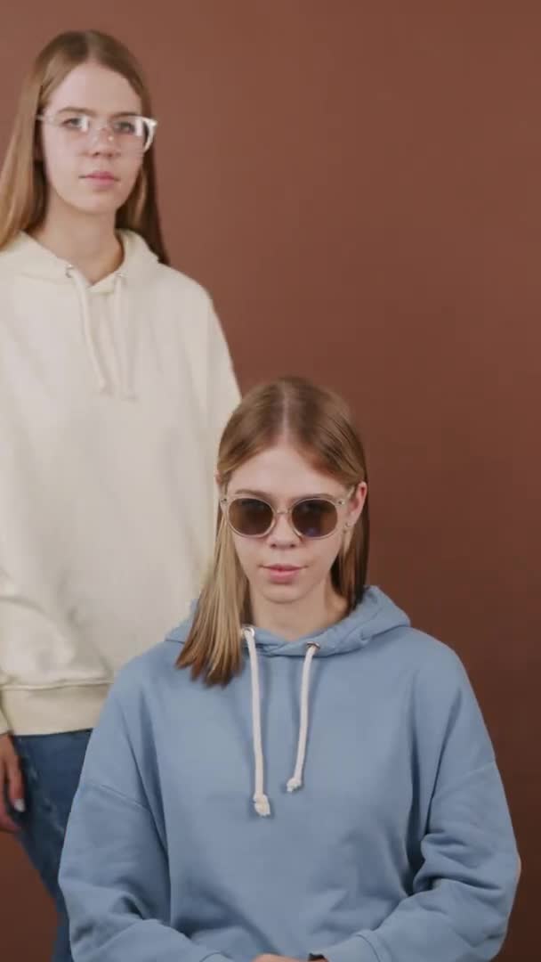Vertikální Portrét Záběr Šťastné Dvojče Sestry Slunečních Brýlích Brýlích Předpis — Stock video