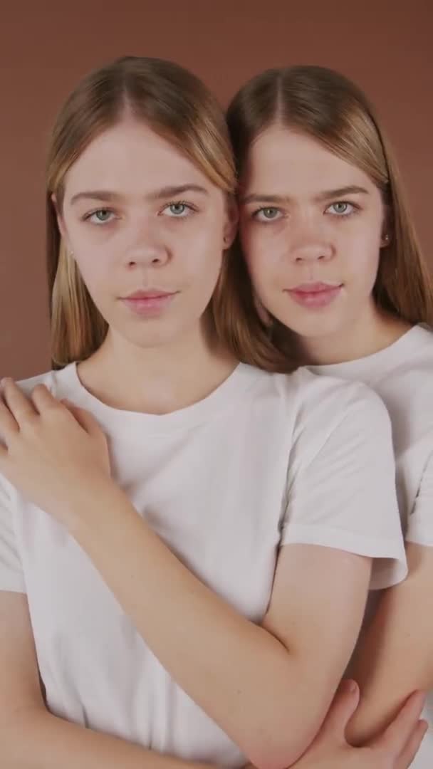 Ritratto Verticale Giovani Sorelle Gemelle Felici Che Abbracciano Posano Macchina — Video Stock
