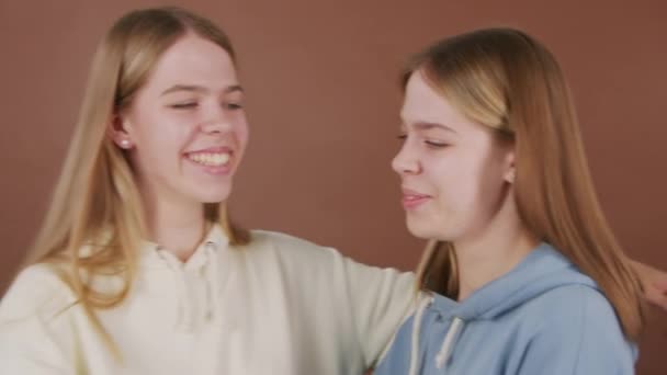 Retrato Hermanas Gemelas Jóvenes Felices Sonriendo Abrazándose Mientras Posan Para — Vídeo de stock