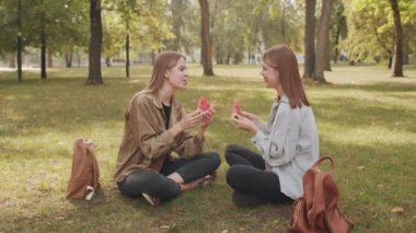 Orta halli mutlu genç ikiz kız kardeşler yaz günü parkta yeşil çimlerin üzerinde oturmuş lezzetli karpuz yerken sohbet ediyorlar.
