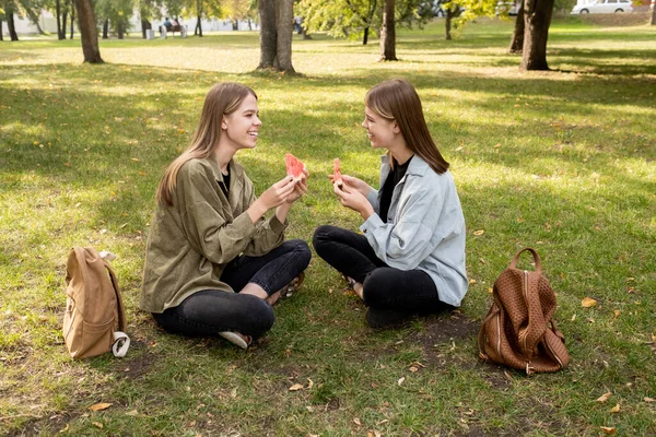两个快乐的孪生姐妹在公园里吃甜而多汁的西瓜 — 图库照片