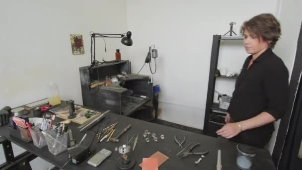 Panning Portrait Shot Female Jeweler Entering Her Studio Posing Camera — Stock Video