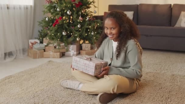 幸せなアフリカ系アメリカ人の10歳の女の子のハンドヘルド肖像画 クリスマスツリーとリビングルームに座っているとカメラのための笑顔 — ストック動画