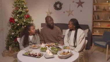 Mutlu Afro-Amerikan erkek, kadın ve kızın el yapımı portresi oturma odasında Noel ağacıyla oturmuş sohbet ediyor ve kameraya poz veriyor.