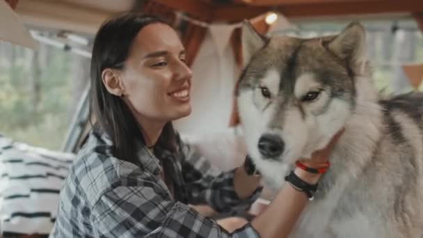 在停在森林里的野营车上 一群快乐的年轻女子正在爱抚可爱的哈士奇狗 — 图库视频影像