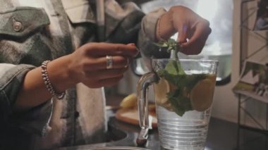 Tanınmayan genç bir kadının yazın karavanda ferahlatıcı bir içecek hazırlarken limon suyuna nane yaprağı koyması.