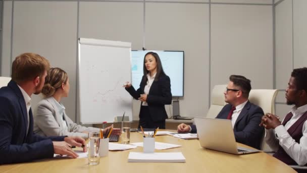 ホワイトボードの前に立ち 年次財務レビュー中に会議室に座っている同僚のチームに財務データを示す正式な摩耗の女性役員のドリーインショット — ストック動画