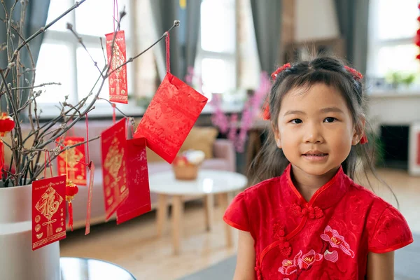 Adorabile bambina cinese in piedi vicino a rami decorati in vaso — Foto Stock