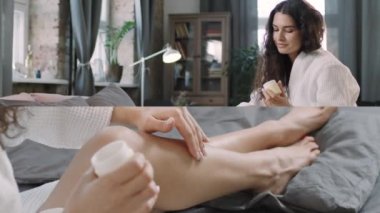 Ekran görüntülerini yakın çekim ve orta çekim ile ayır. Güzel genç bir kadın sabah banyoda bacaklarına krem sürüyor.