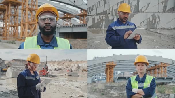 男性と女性の建設と採石場労働者の分割画面の肖像画職場でカメラのポーズ — ストック動画