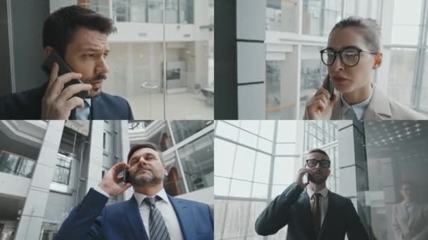 Rozdzielone Zdjęcie Czterech Biznesmenów Bizneswoman Rozmawiających Przez Telefon Komórkowy Budynku — Wideo stockowe