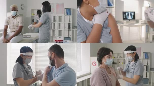 Розділений Знімок Екрана Повільною Жіночою Медсестрою Скрабах Масці Обличчя Щиті — стокове відео