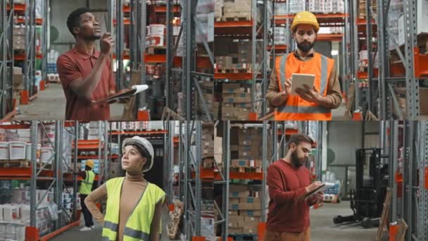 Split Screen Portraits Warehouse Workers Taking Stock Looking Camera — 图库视频影像