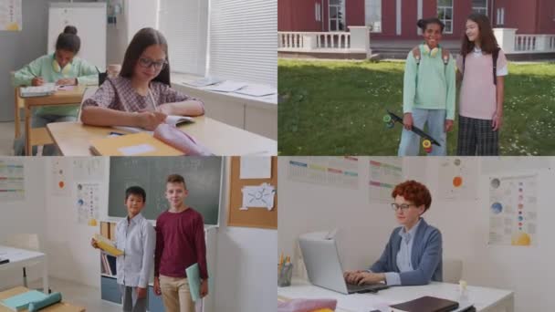 Osztott Képernyős Portrék Vidám Gyerekek Tanár Pózol Kamera Osztályteremben Iskolán — Stock videók