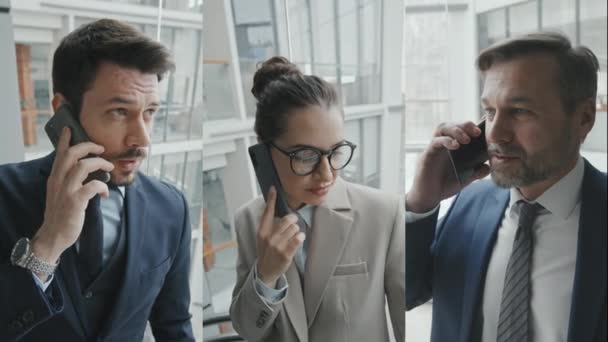 Rozdzielone Zdjęcie Biznesmenów Biznesmenek Formalnym Ubraniu Rozmawiających Przez Telefon Komórkowy — Wideo stockowe