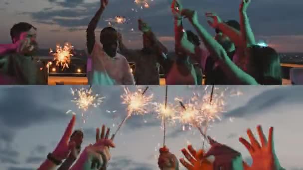 Havai Fişekli Bir Grup Arkadaş Yaz Akşamları Çatıda Dans Edip — Stok video