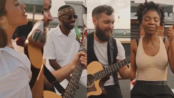 Tela Dividida Mulher Cantando Microfone Enquanto Homem Tocando Guitarra Outro — Vídeo de Stock