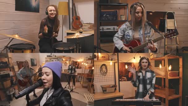 Osztott Képernyőn Női Zenekar Pózol Kamera Edzés Közben Mikrofonba Énekelnek — Stock videók