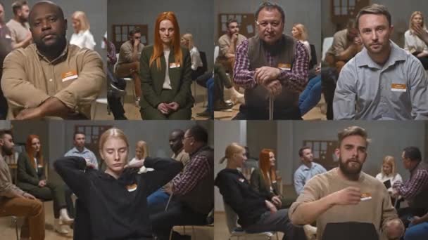 Portraits Écran Partagé Diverses Personnes Dans Groupe Soutien Avec Différentes — Video