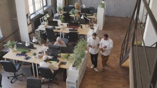 現代のオフィスで働く多民族の男性と女性の高い角度 二人の同僚歩くと話す 昼間机に座っている同僚 — ストック動画