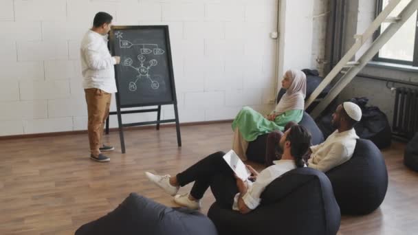 Wide Shot Middle Eastern Man Standing Chalkboard Diagram Making Presentation — Vídeo de Stock