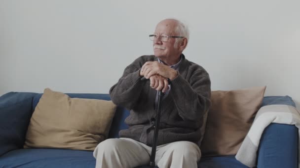 Mittleres Porträt Eines Kaukasischen Älteren Mannes Mit Schnurrbart Der Wegschaut — Stockvideo