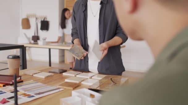 Medium Close Creative Team Asian Architects Choosing Ceramic Samples New — Video Stock