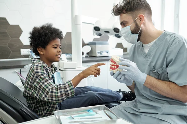 Schattig jongetje wijzend naar valse tanden gehouden door tandarts — Stockfoto