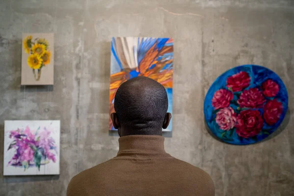Achteraanzicht van de jonge Afrikaanse man die schilderijen aan de muur bekijkt — Stockfoto