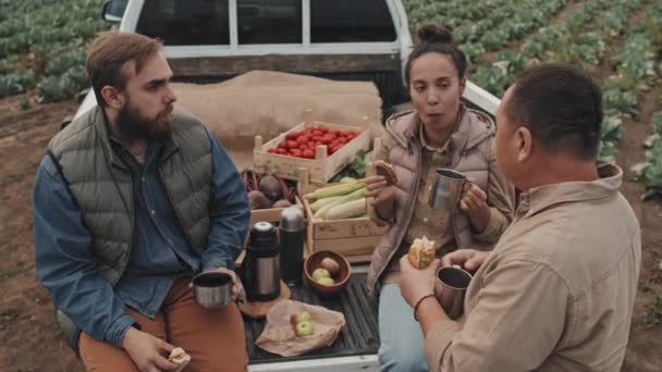 Etnik Çeşitlilikteki Çiftlik Işçisinin Saatinde Öğle Yemeği Arası Verirken Yüksek — Stok video