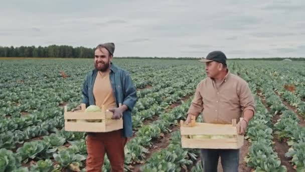 Tracking Medium Long Shot Two Men Working Farm Field Carry — Stock video
