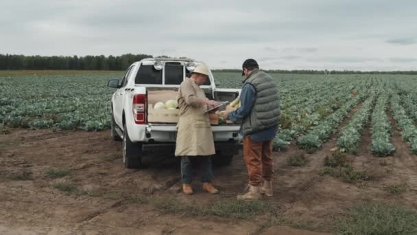 Zoom Shot Από Ώριμο Ασιάτη Ιδιοκτήτη Φάρμας Που Πουλάει Λαχανικά — Αρχείο Βίντεο