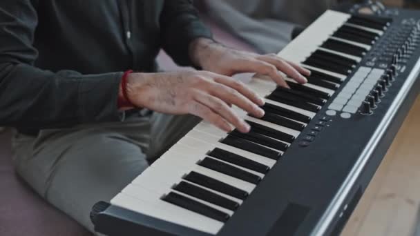 Hochgehaltener Männlicher Musiker Der Hause Auf Der Couch Sitzt Und — Stockvideo