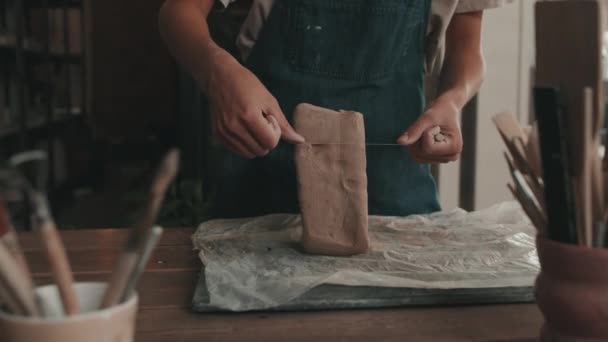 Nízký Úhel Oříznutého Ženského Keramika Nosící Zástěru Stojící Stolu Dílně — Stock video