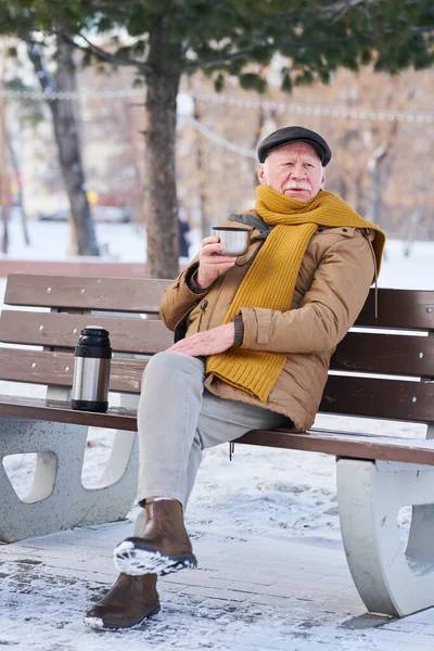 Paltosu, atkısı ve şapkası olan yaşlı bir adam parkta sıcak çay içiyor. — Stok fotoğraf