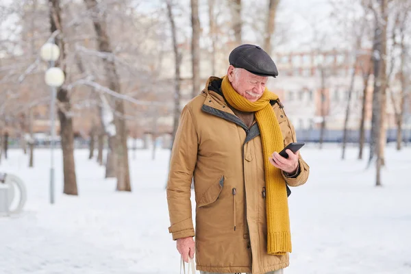 Ηλικιωμένος άνδρας σε casual winterwear κύλιση στο smartphone στο πάρκο — Φωτογραφία Αρχείου