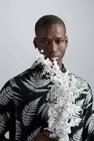 身穿时髦衬衫的非洲年轻人拿着枝条，上面撒满了白花 — 图库照片