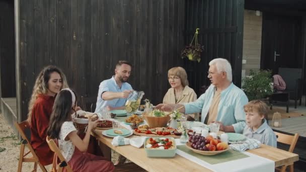 Güneşli Yaz Haftasonunda Nesildir Birlikte Evin Arka Bahçesinde Oturan Sağlıklı — Stok video