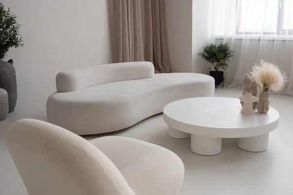 Large living-room with white comfortable sofa and armchair