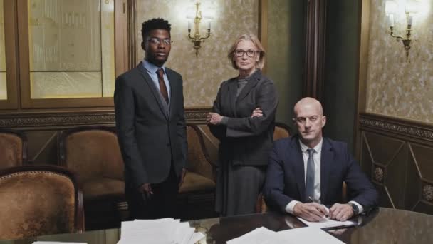 Group Portrait Diverse Male Female Lawyers Formalwear Standing Office Posing — Stock Video