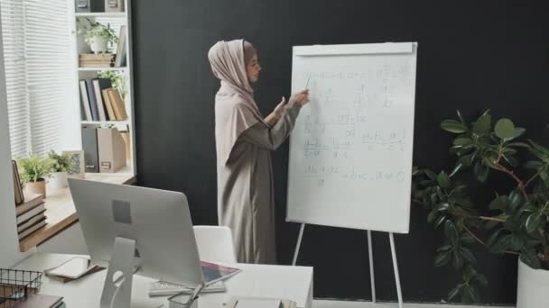Professeur Musulman Hijab Expliquant Les Formules Mathématiques Sur Tableau Feuilles — Video