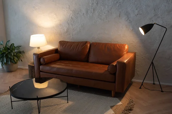 Tágas nappali luxus apartman, bőr kanapéval a közepén — Stock Fotó