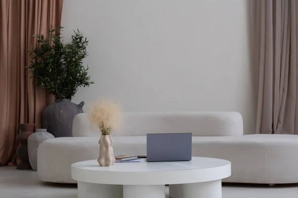 Composição de mesa redonda com laptop e vaso contra sofá confortável — Fotografia de Stock