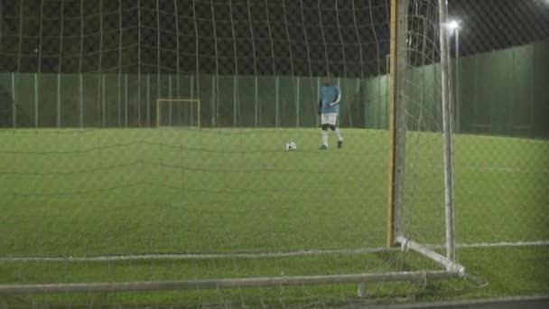 Futbol Sahasında Gol Atan Erkek Atlet Ağıyla Geniş Bir Bakış — Stok video