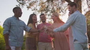 Group of modern young men and women spending time together standing in park clinking glasses celebrating something