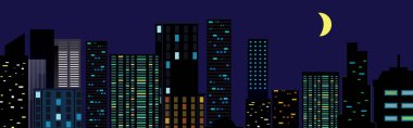 Night City vektör illüstrasyonu. Karanlık şehir manzarası. Gece şehir manzarası düz stil, soyut arkaplan.